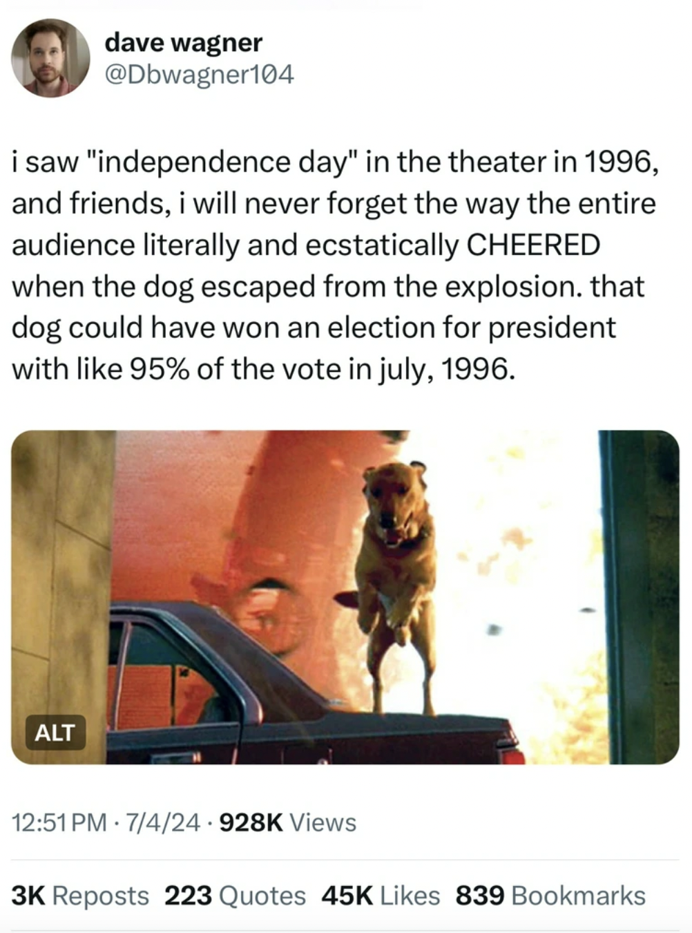 sulimov dog - dave wagner i saw "independence day" in the theater in 1996, and friends, i will never forget the way the entire audience literally and ecstatically Cheered when the dog escaped from the explosion. that dog could have won an election for pre